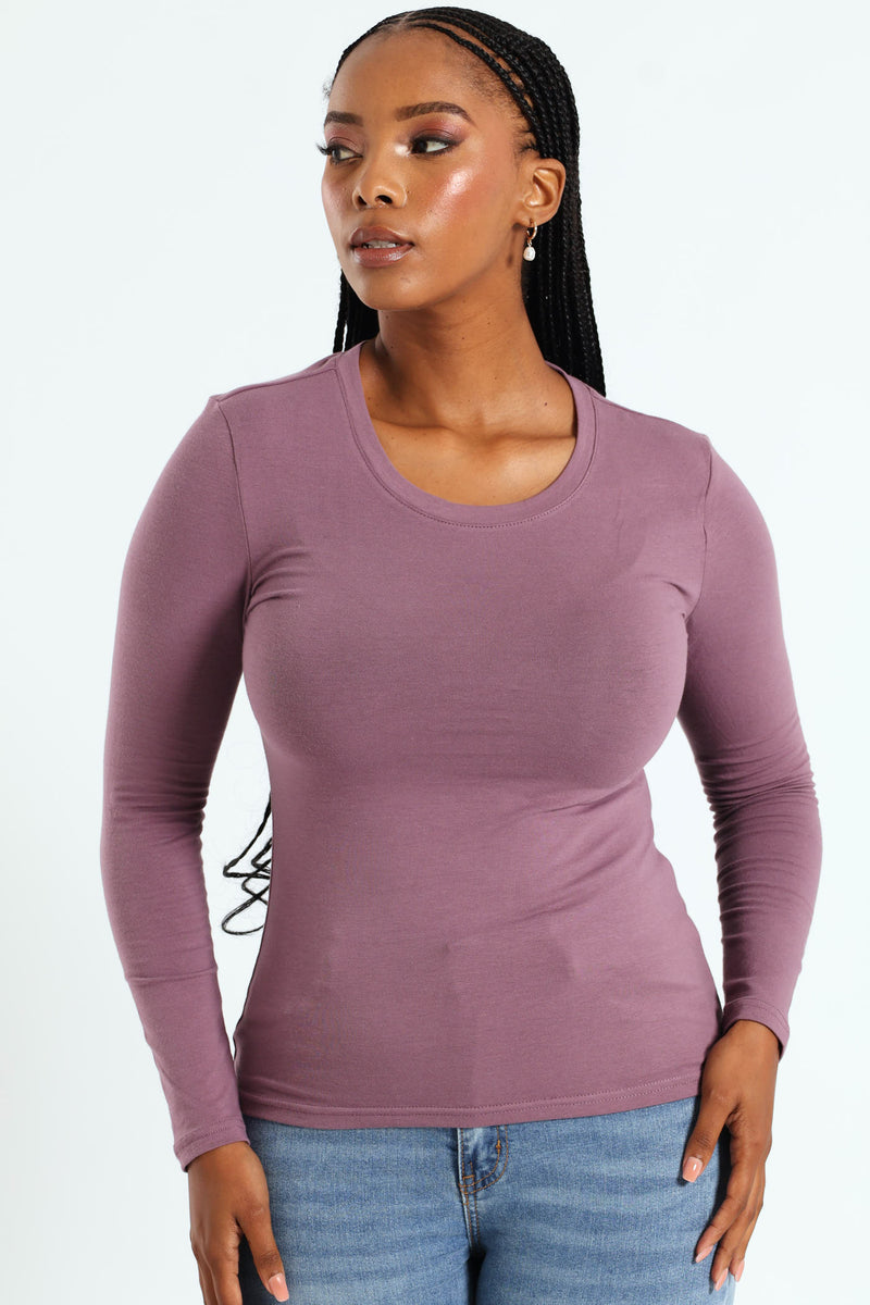 Long Sleeve Cotton Lycra Crew Top - Plum