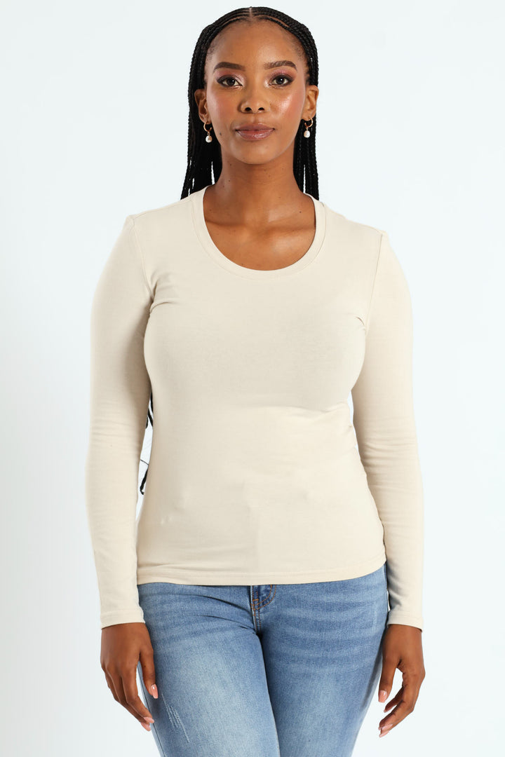 Long Sleeve Cotton Lycra Crew Top - Sandstone