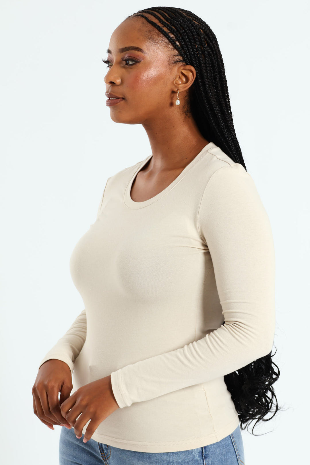 Long Sleeve Cotton Lycra Crew Top - Sandstone