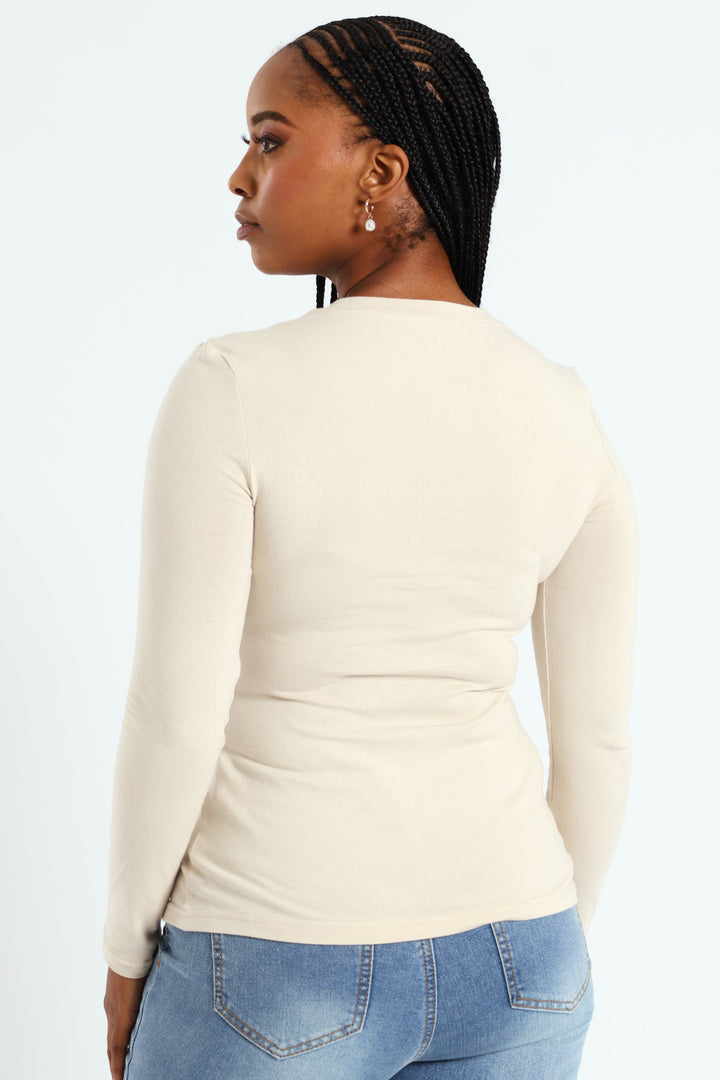 Long Sleeve Cotton Lycra Crew Top - Sandstone