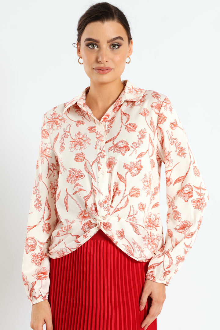 Knot Tonal Floral Satin Shirt - Cream