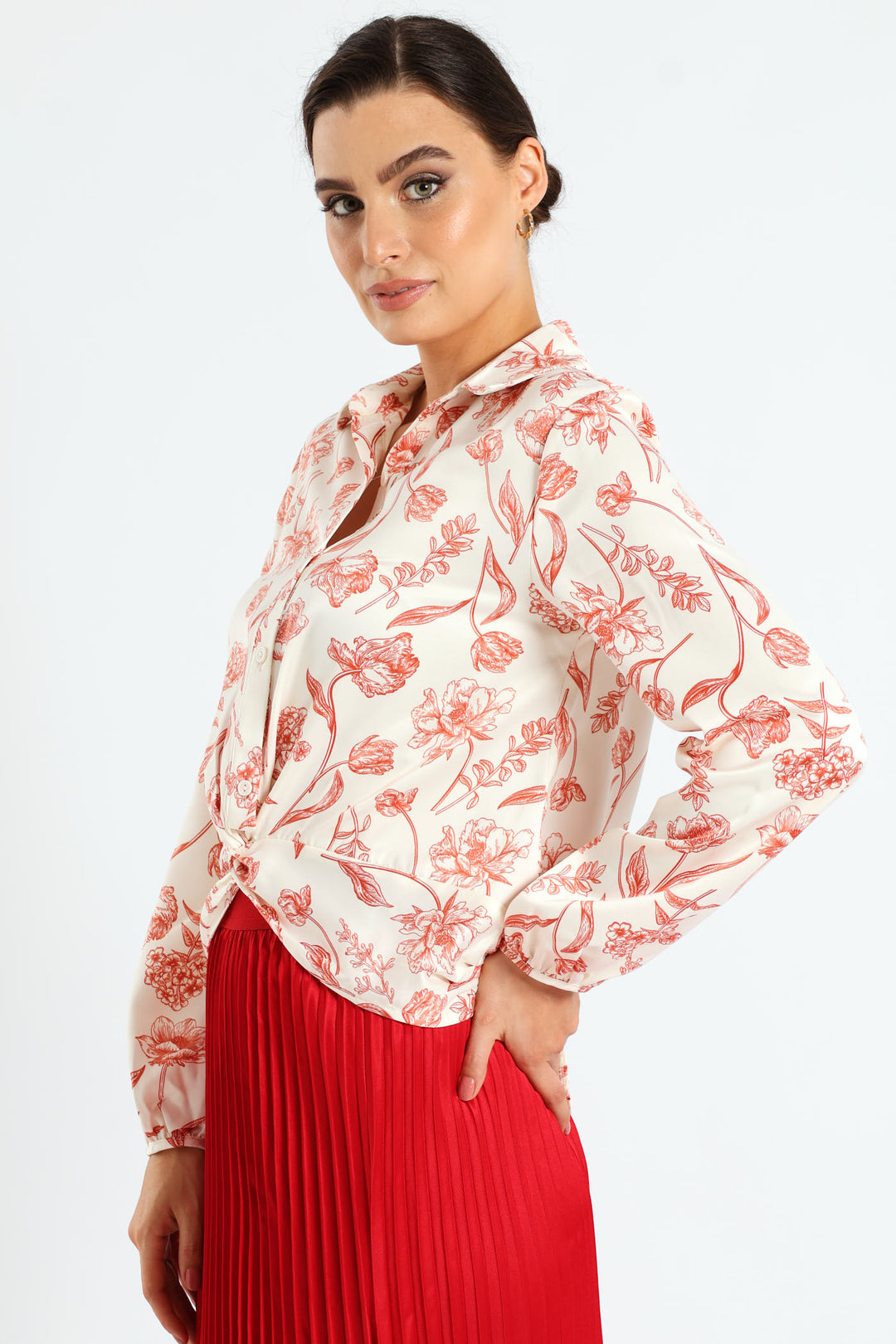Knot Tonal Floral Satin Shirt - Cream