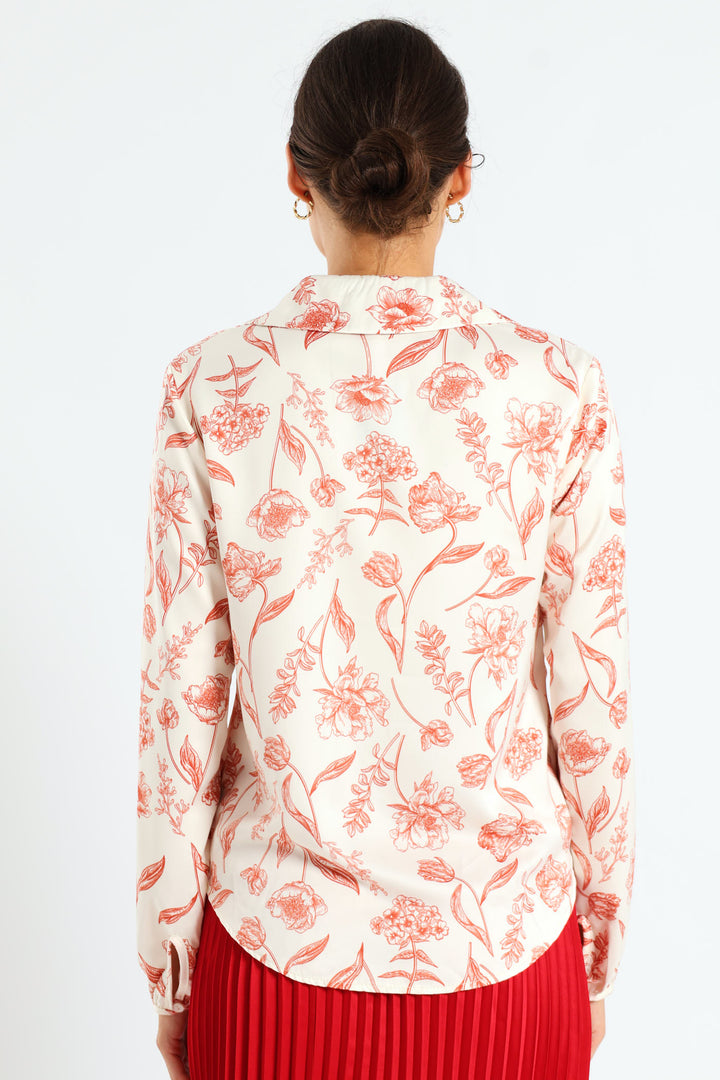 Knot Tonal Floral Satin Shirt - Cream