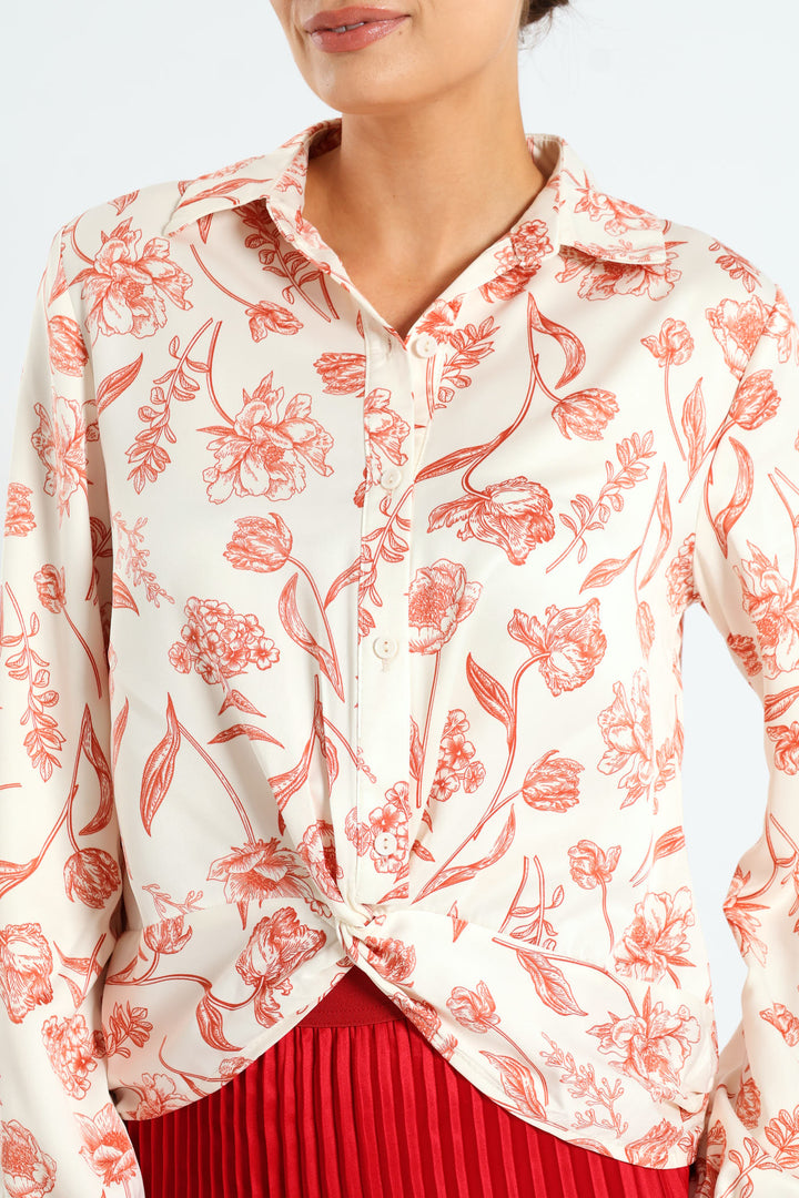 Knot Tonal Floral Satin Shirt - Cream