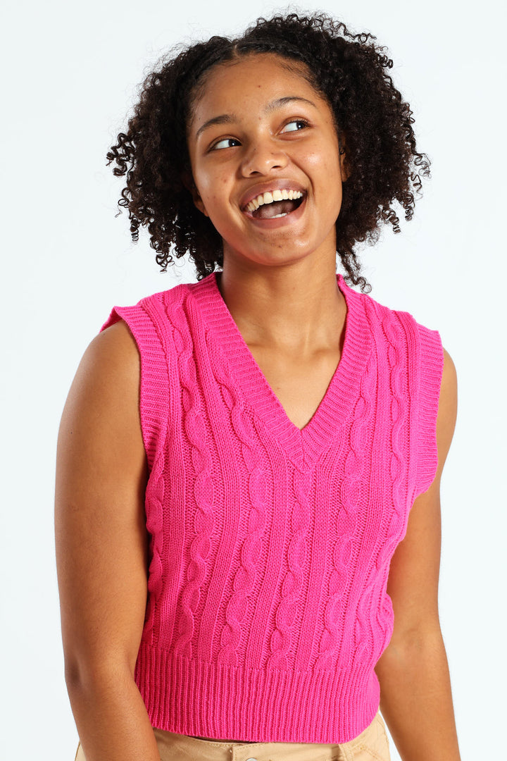 Girls V-Neck Cable Vest - Pink