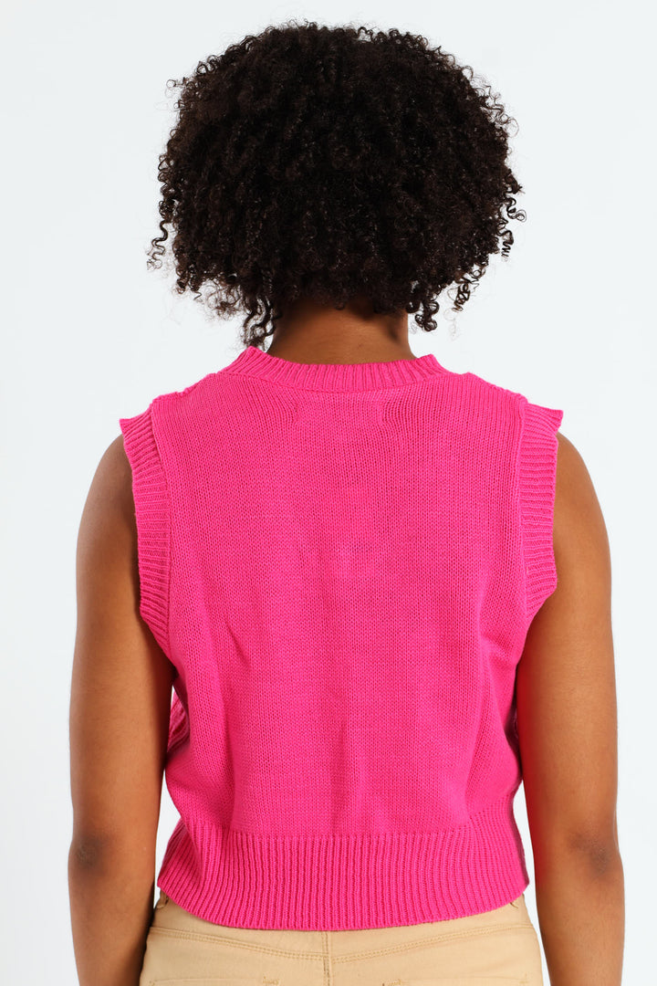 Girls V-Neck Cable Vest - Pink