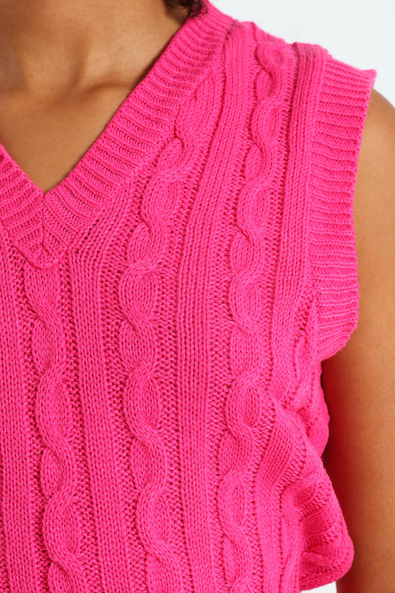 Girls V-Neck Cable Vest - Pink