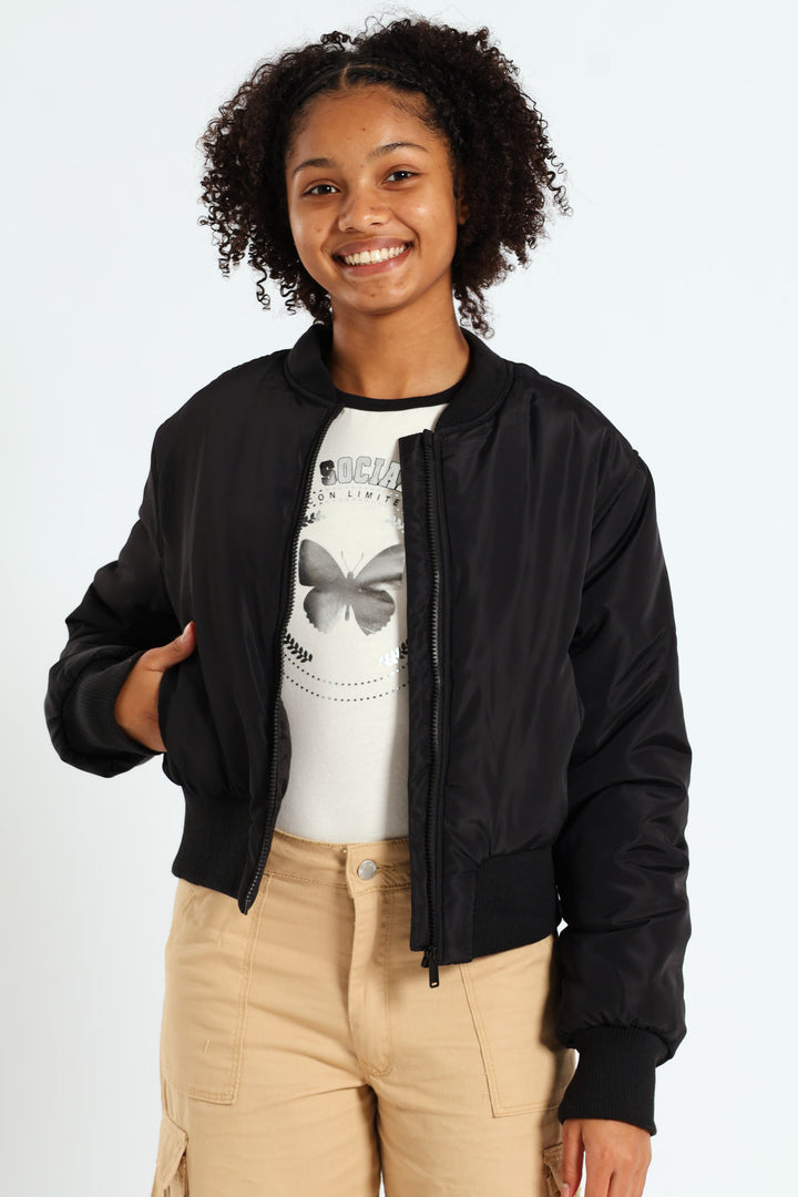 Girls Satin Bomber Jacket - Black
