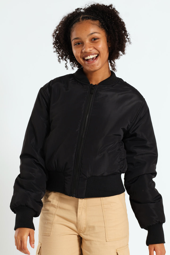 Girls Satin Bomber Jacket - Black