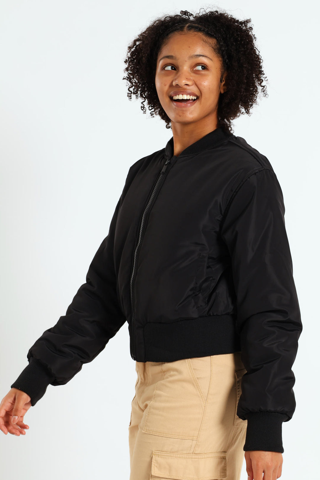 Girls Satin Bomber Jacket - Black