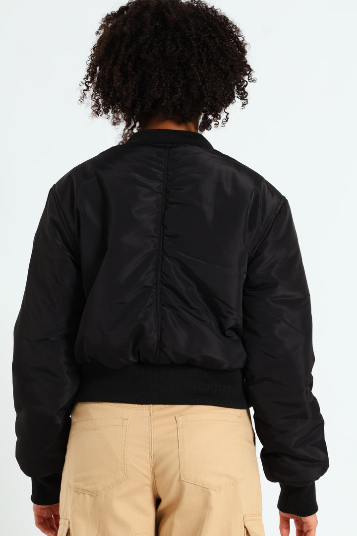 Girls Satin Bomber Jacket - Black