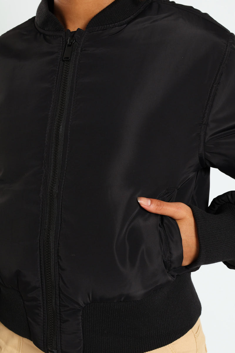 Girls Satin Bomber Jacket - Black