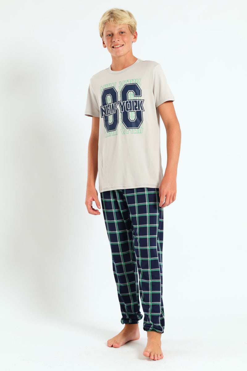 Boys Check Top & Bottom Sleep Set - Grey