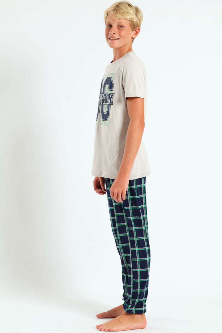 Boys Check Top & Bottom Sleep Set - Grey