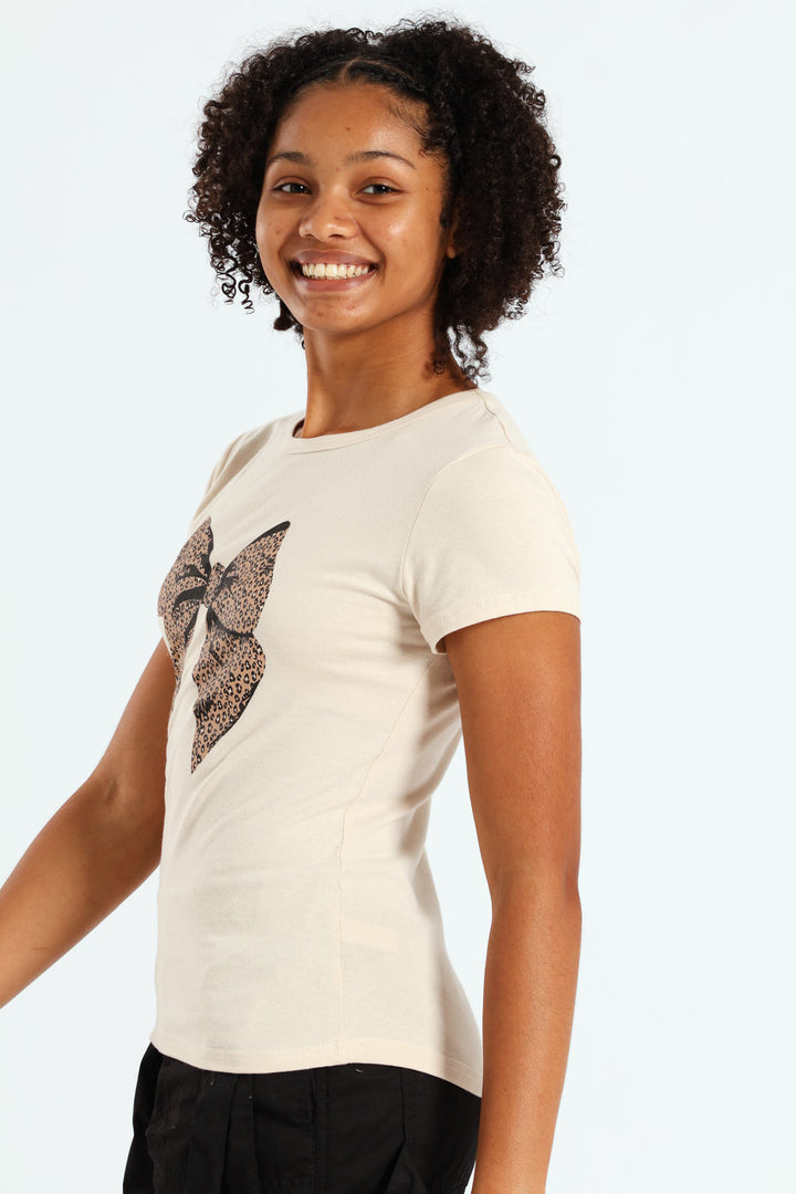 Girls Bow Leo Tee - Stone