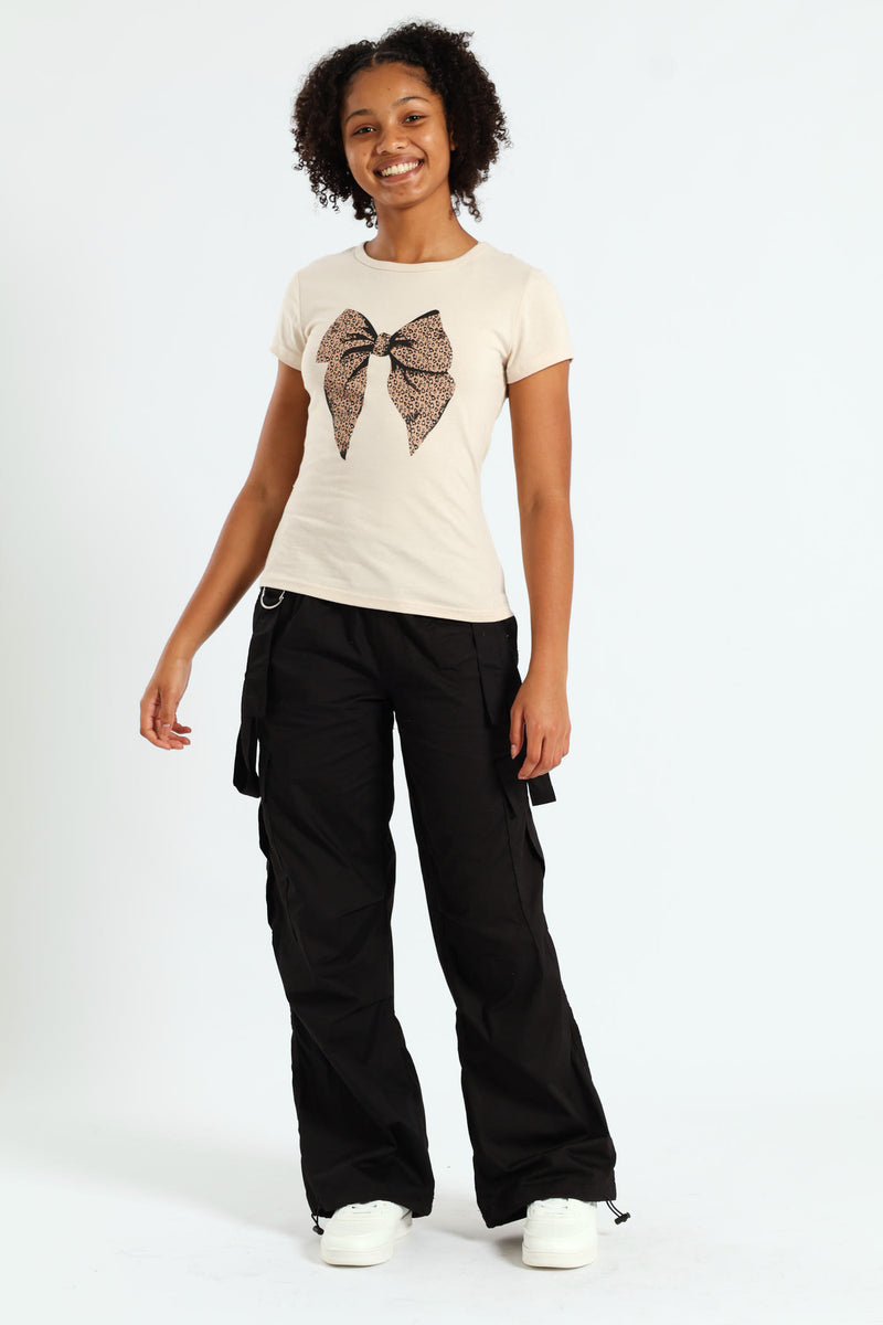Girls Bow Leo Tee - Stone