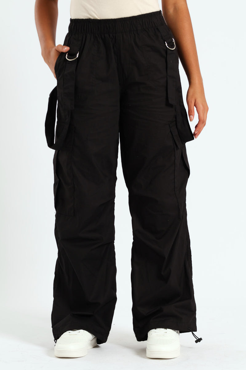 Girls Double Straps Parachute Pants - Black
