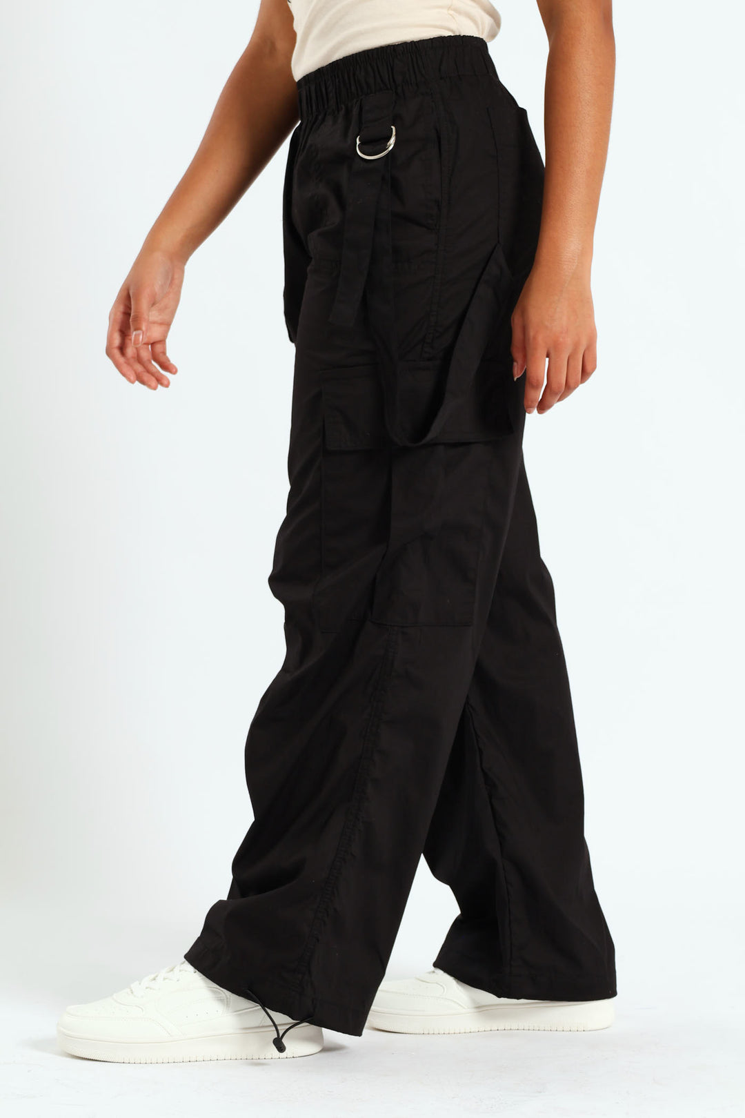 Girls Double Straps Parachute Pants - Black