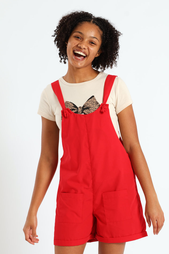 Girls Poplin Stretch Dungaree - Red