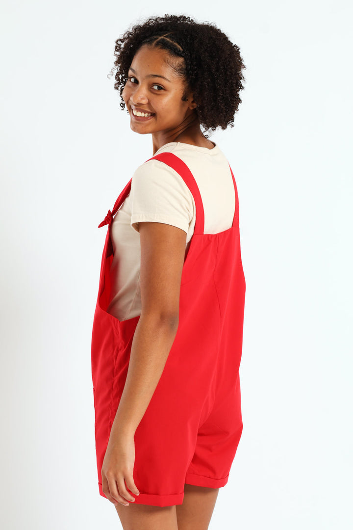 Girls Poplin Stretch Dungaree - Red