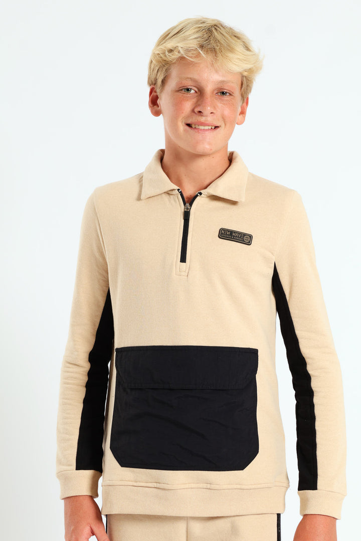 Boys 3/4 Zip Nylon Pocket Fleece Top