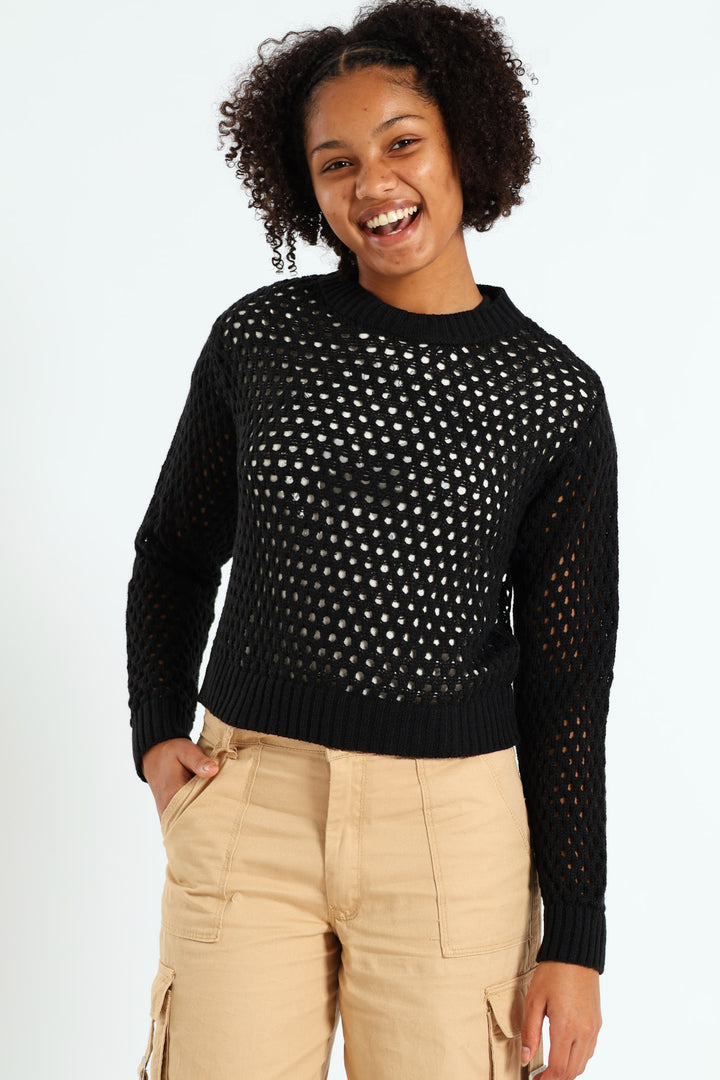 Girls Long Sleeve Crochet Knitwear - Black