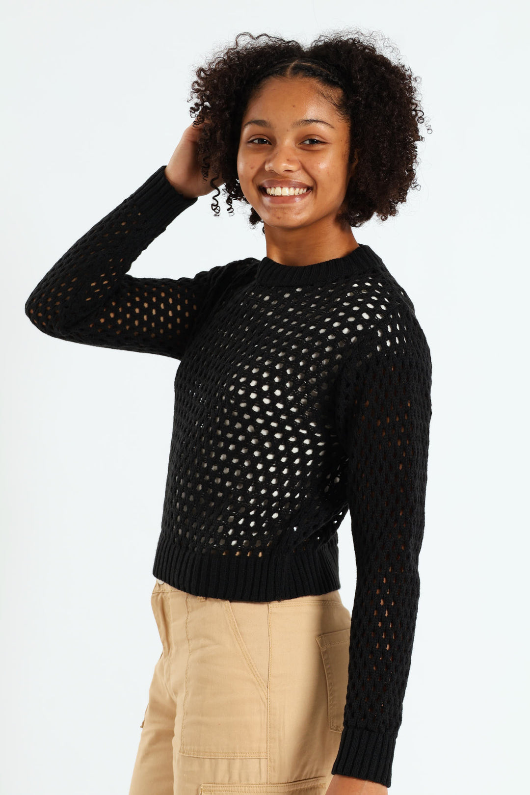 Girls Long Sleeve Crochet Knitwear - Black