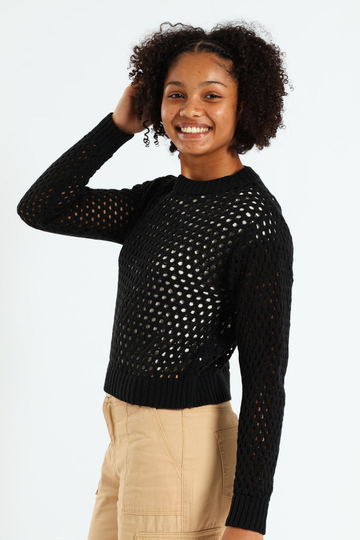 Girls Long Sleeve Crochet Knitwear - Black