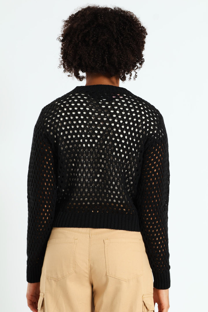 Girls Long Sleeve Crochet Knitwear - Black