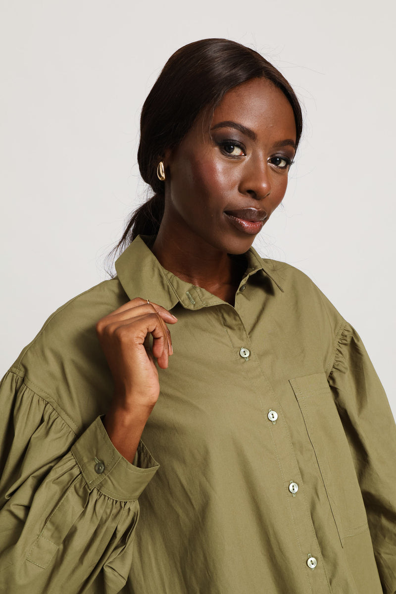 Long Sleeve Oversized Poplin Midaxi Shirt Dress - Olive