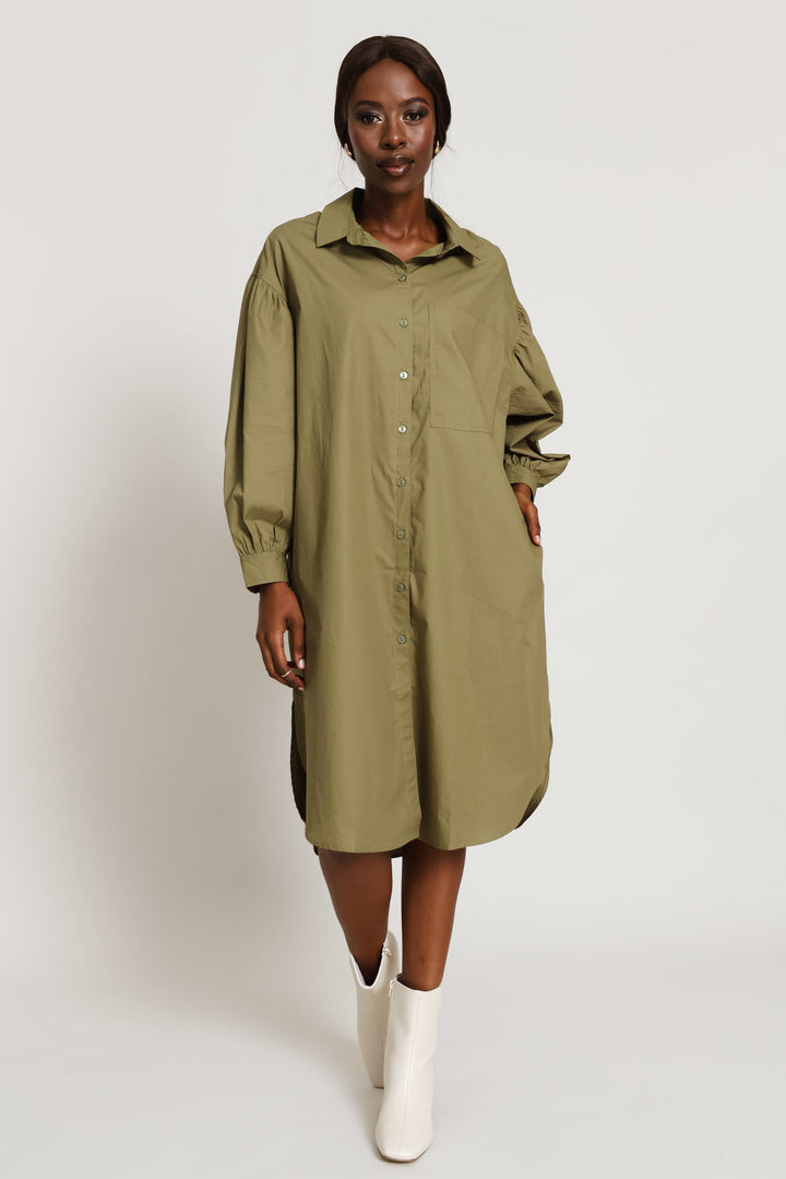 Long Sleeve Oversized Poplin Midaxi Shirt Dress - Olive