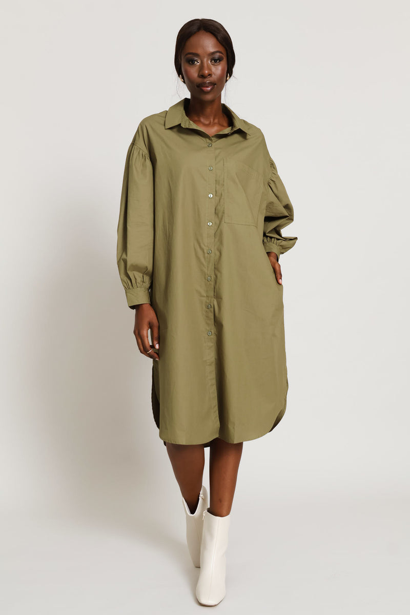 Long Sleeve Oversized Poplin Midaxi Shirt Dress - Olive
