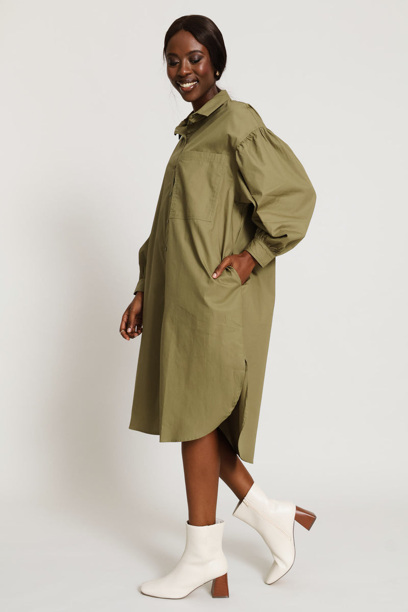 Long Sleeve Oversized Poplin Midaxi Shirt Dress - Olive
