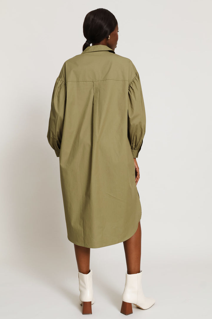 Long Sleeve Oversized Poplin Midaxi Shirt Dress - Olive
