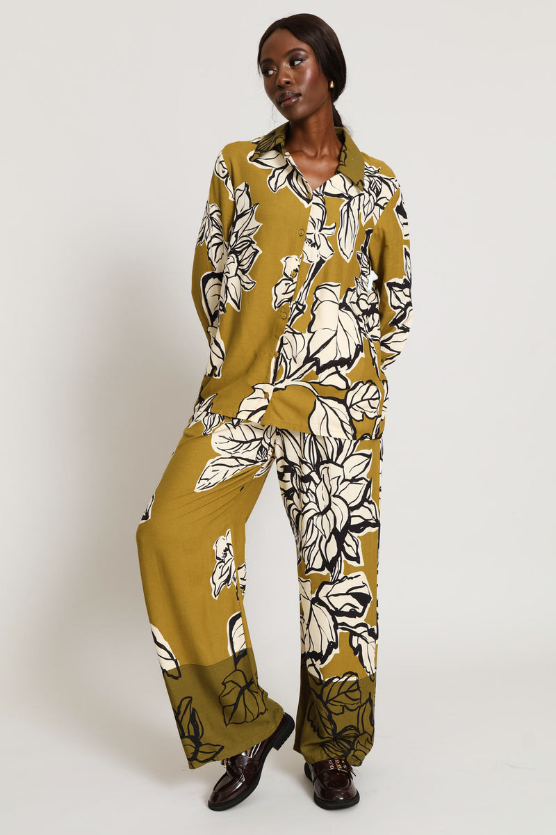 Pullon Statement Floral Wideleg Pants With Pockets - Olive Multi