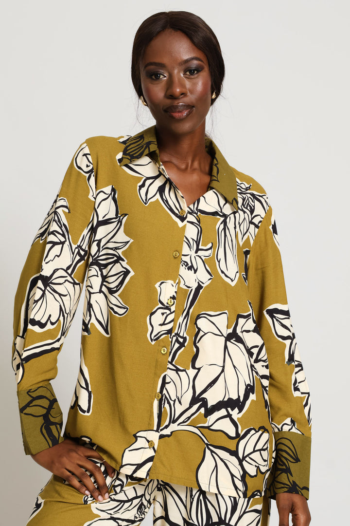 Long Sleeve Relaxed Statement Floral Shirt - Olive Multi