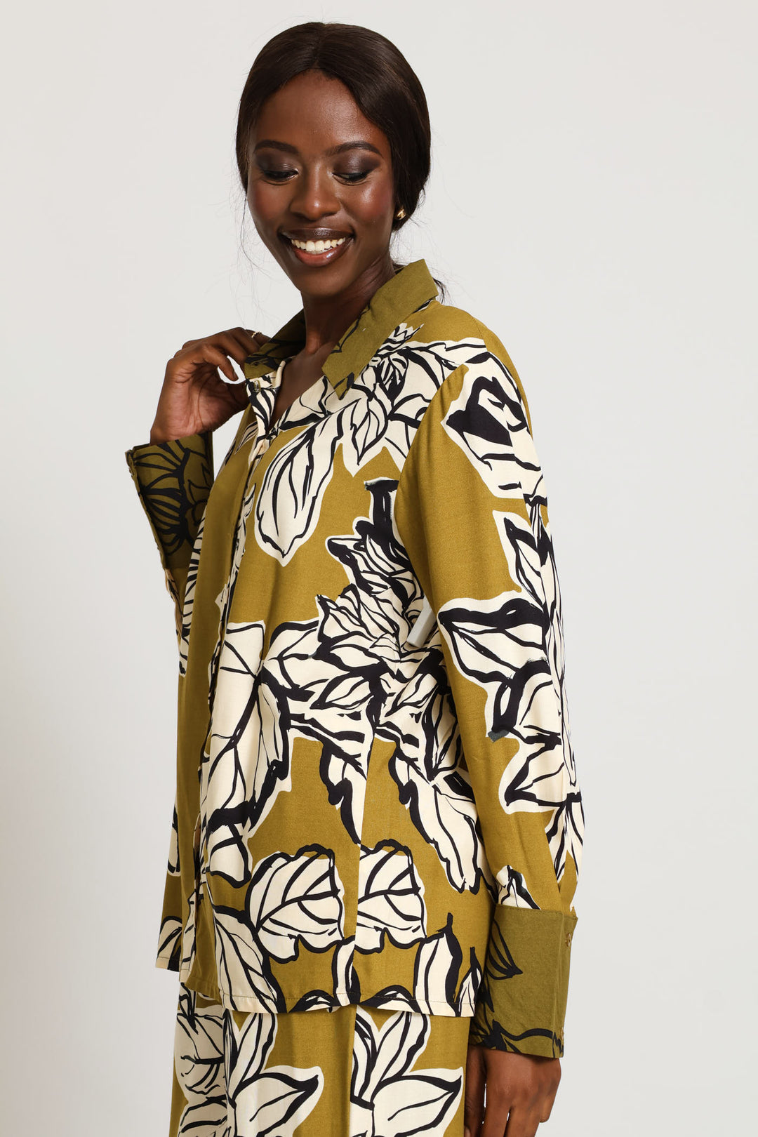 Long Sleeve Relaxed Statement Floral Shirt - Olive Multi