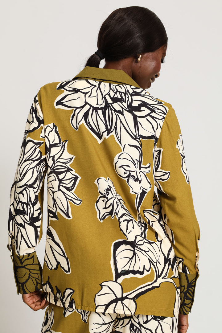 Long Sleeve Relaxed Statement Floral Shirt - Olive Multi
