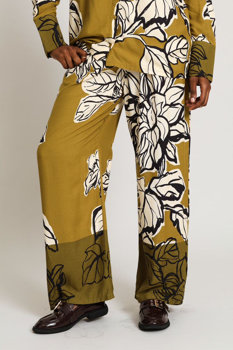 Pullon Statement Floral Wideleg Pants With Pockets - Olive Multi