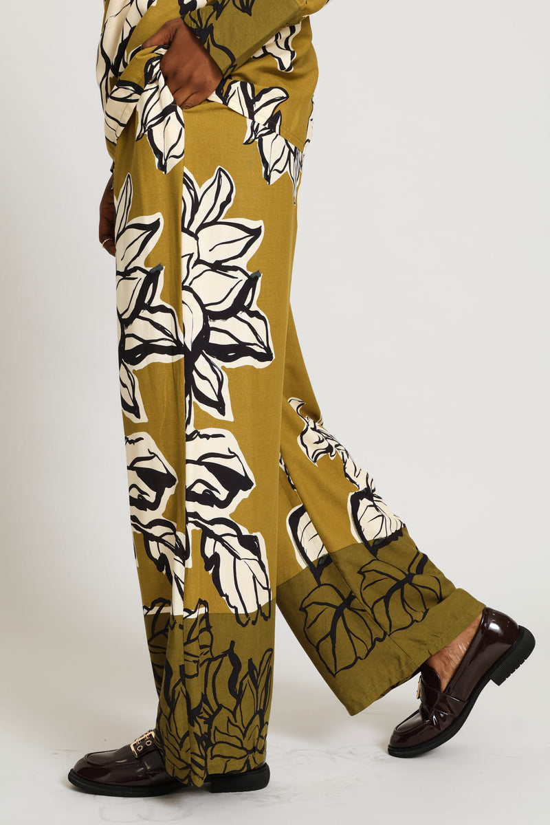 Pullon Statement Floral Wideleg Pants With Pockets - Olive Multi
