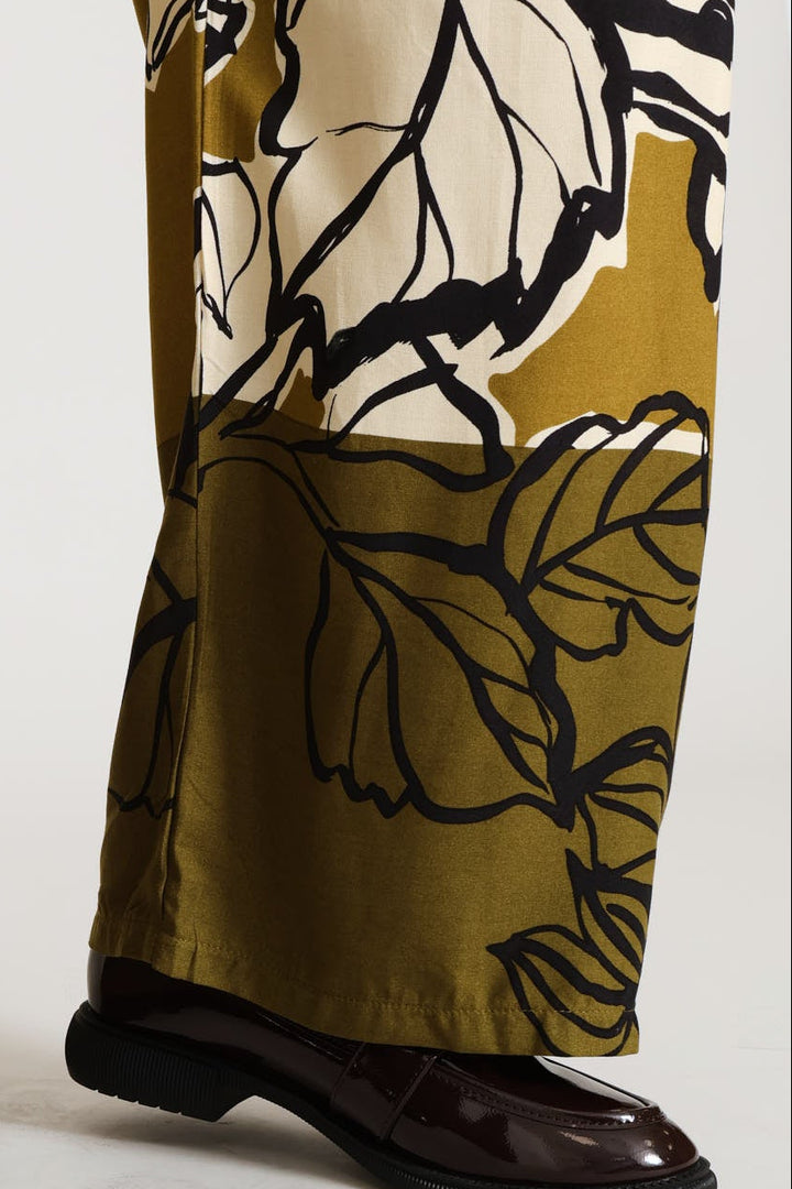 Pullon Statement Floral Wideleg Pants With Pockets - Olive Multi