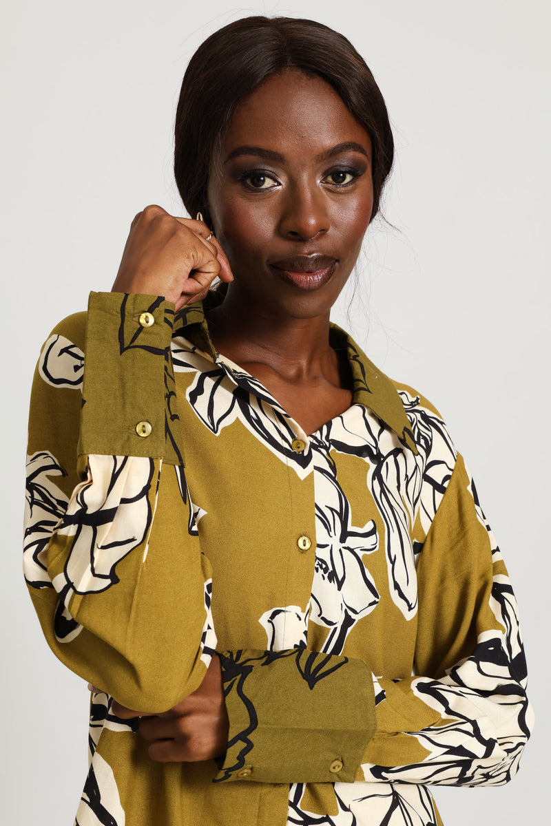 Long Sleeve Relaxed Statement Floral Shirt - Olive Multi
