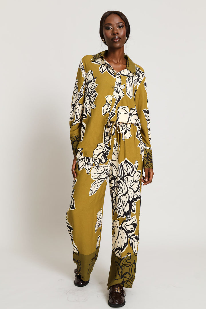 Long Sleeve Relaxed Statement Floral Shirt - Olive Multi