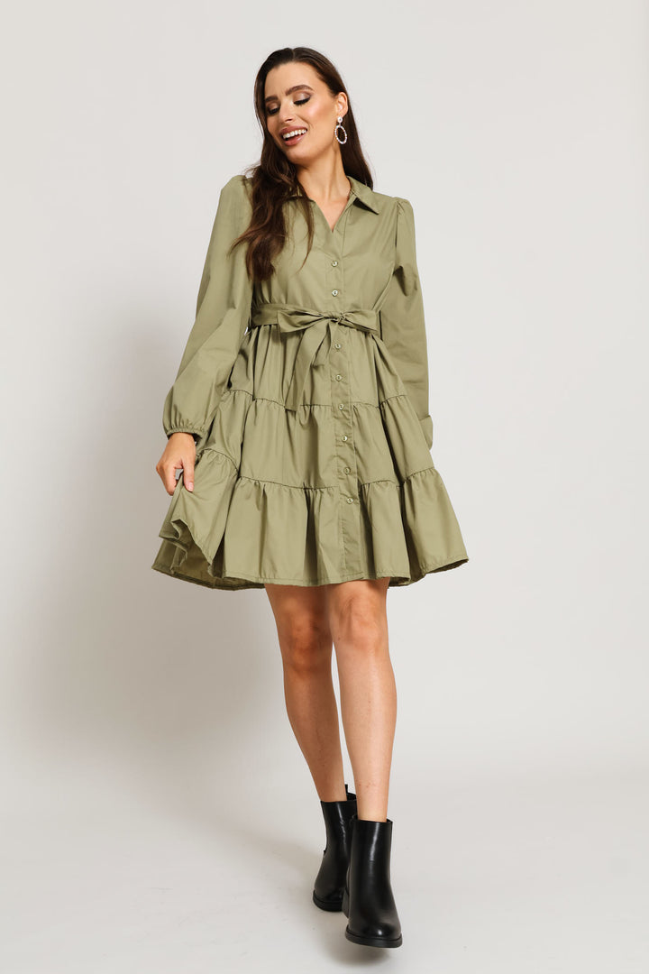 Long Sleeve Collared Tiered Shirt Dress
