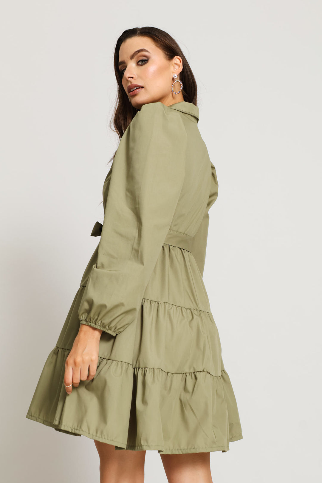 Long Sleeve Collared Tiered Shirt Dress