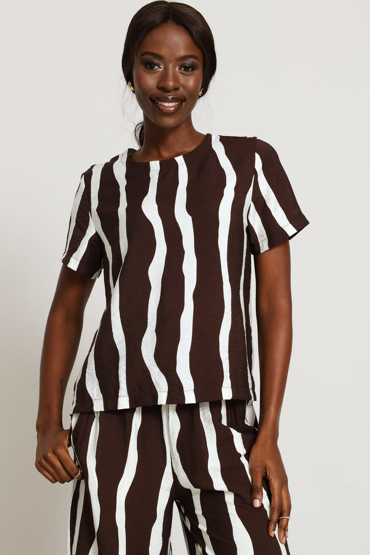 Printed Striped Tee - Cream/Chocolate