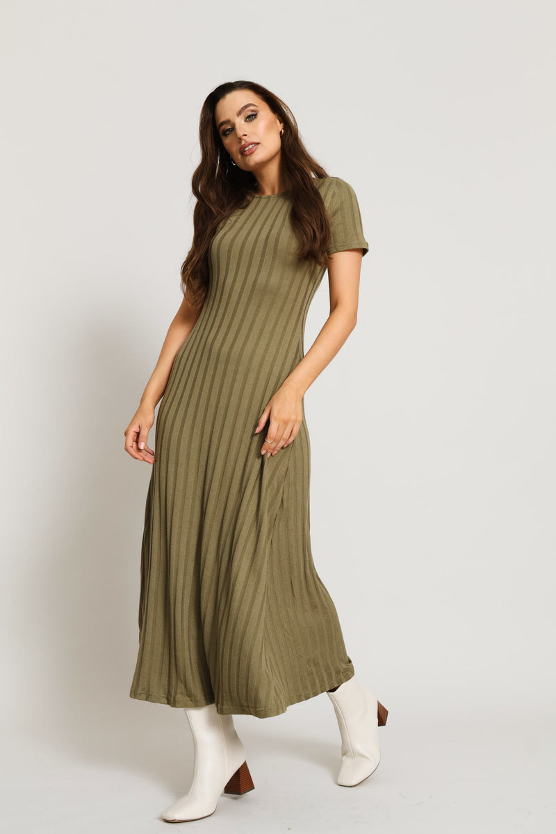 Ribbed Fit & Flare Cut & Sew Midaxi - Olive