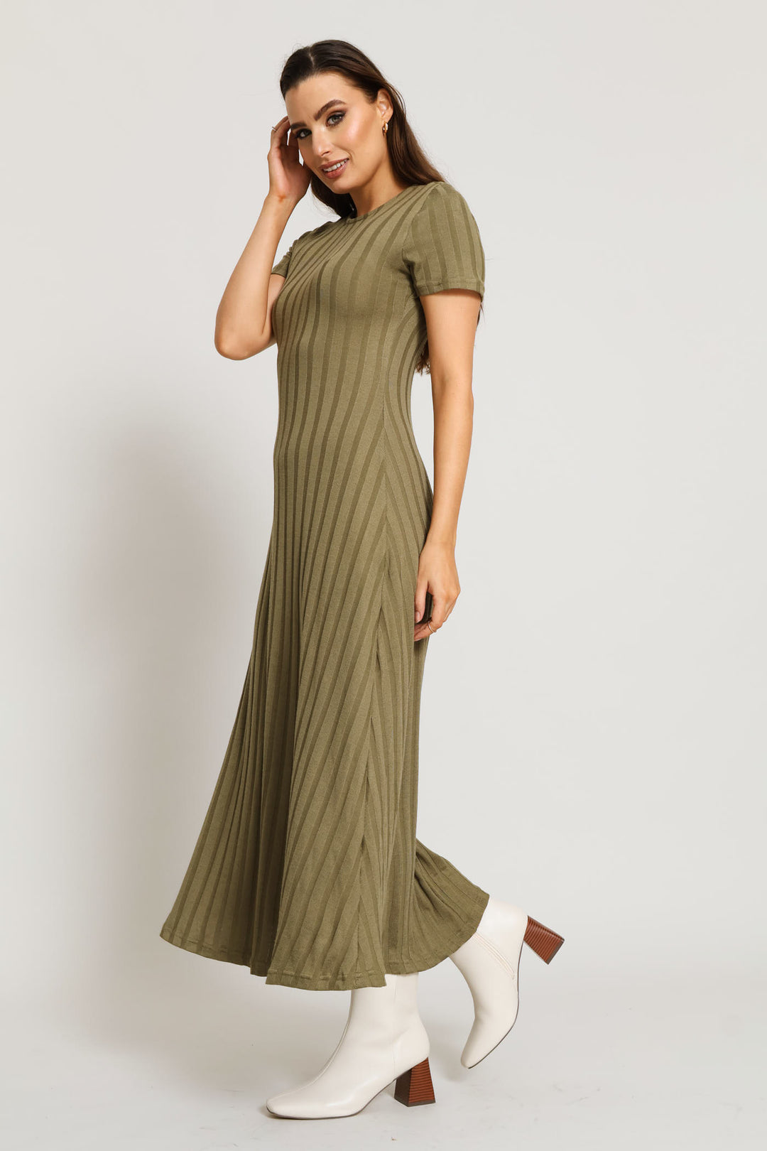 Ribbed Fit & Flare Cut & Sew Midaxi - Olive