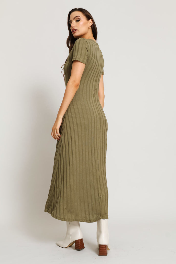 Ribbed Fit & Flare Cut & Sew Midaxi - Olive