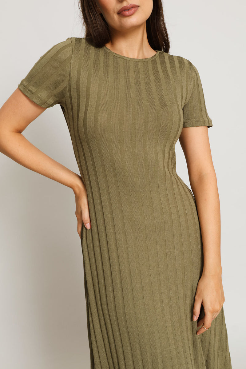 Ribbed Fit & Flare Cut & Sew Midaxi - Olive